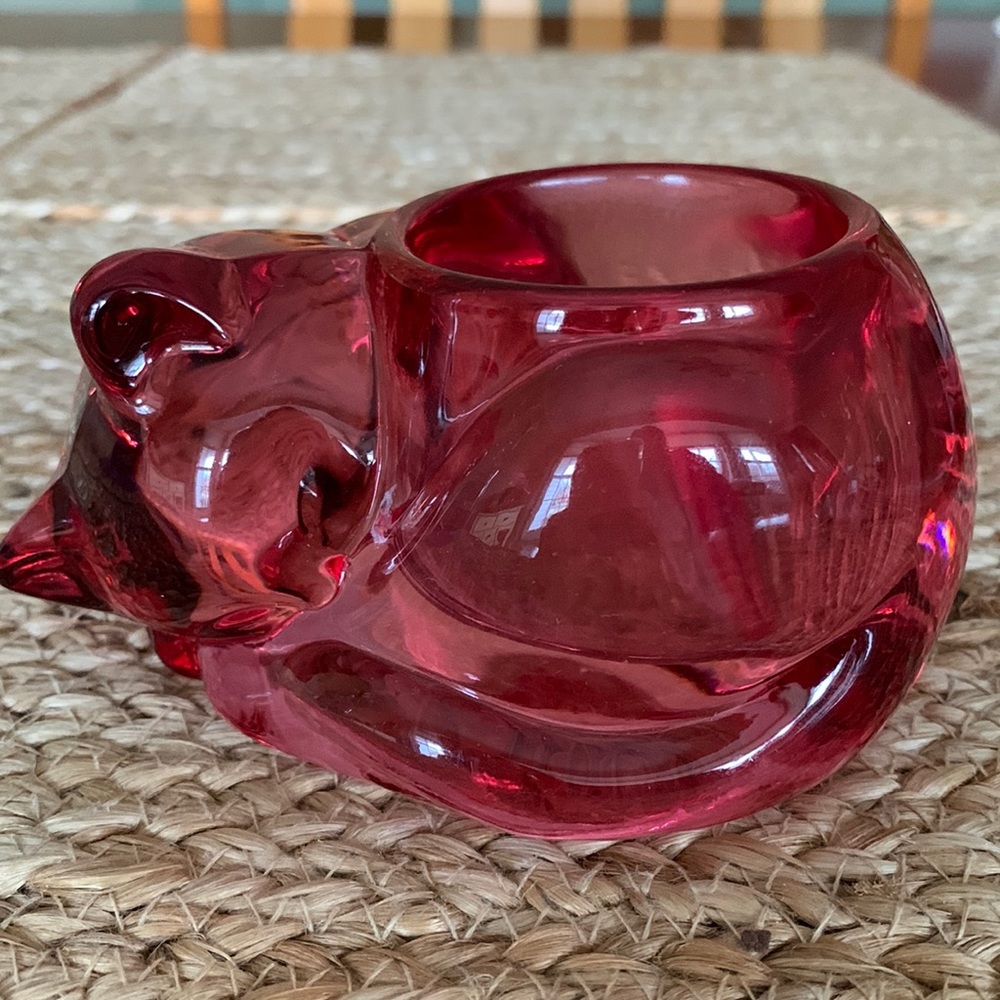 Indiana Glass Company Cranberry Glass Sleeping Cat Votive Holder